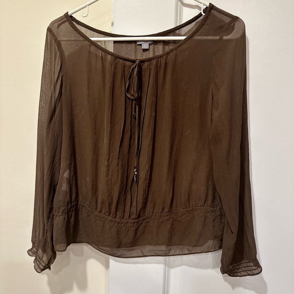 Ann Taylor Brown Puff Sleeve Blouse with Tie Front